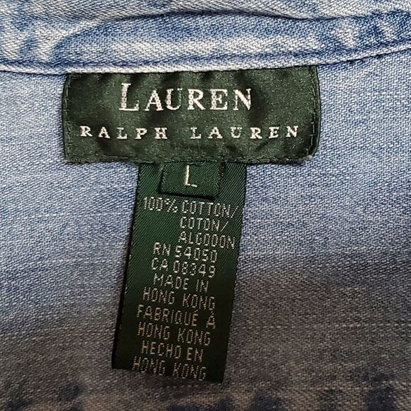 Vintage 1990s Lauren Ralph Lauren Chambray Stone Wash Button Up Logo Top Large - Picture 13 of 13